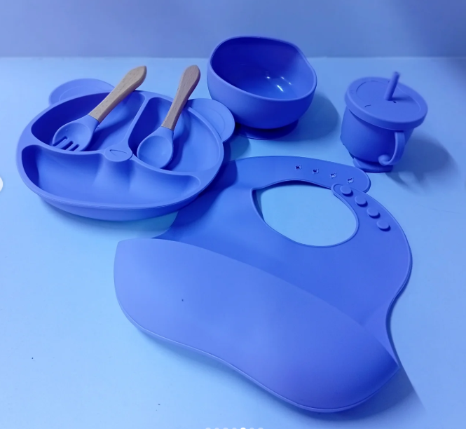 Feeding Set Toddler Weaning Set Silicone Bowl and Plate with Suction Spoon Fork
