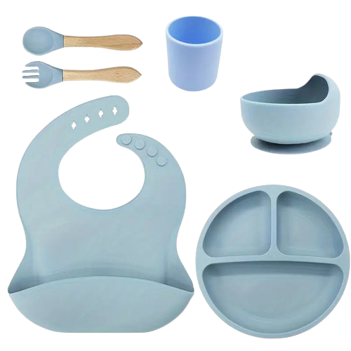 Feeding Set Toddler Weaning Set Silicone Bowl and Plate with Suction Spoon Fork