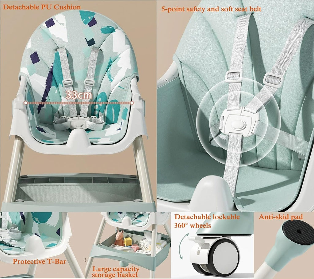 2-1 Booster Seats Baby High Foldable Feeding Chair With Tray and Wheels