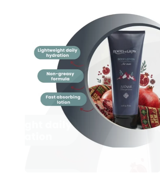 لوشن الجسم للرجال من Roots & Glow، 226 جرام. ترطيب عميق وامتصاص سريع. لوشن منعش للجسم للرجال، غني بالجلسرين وفيتامين هـ.