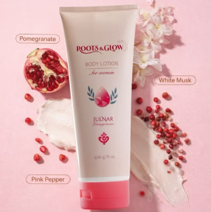 لوشن الجسم Roots & Glow للنساء ترطيب عميق وإشراقة تركيبة حريرية غنية بالمغذيات مستوحاة من جمال أزهار الرمان.