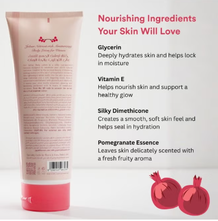 لوشن الجسم Roots & Glow للنساء ترطيب عميق وإشراقة تركيبة حريرية غنية بالمغذيات مستوحاة من جمال أزهار الرمان.