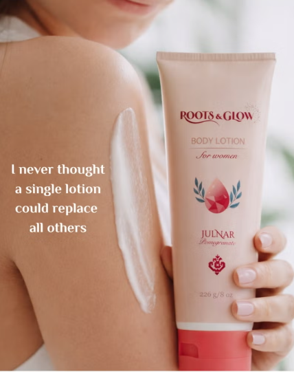لوشن الجسم Roots & Glow للنساء ترطيب عميق وإشراقة تركيبة حريرية غنية بالمغذيات مستوحاة من جمال أزهار الرمان.