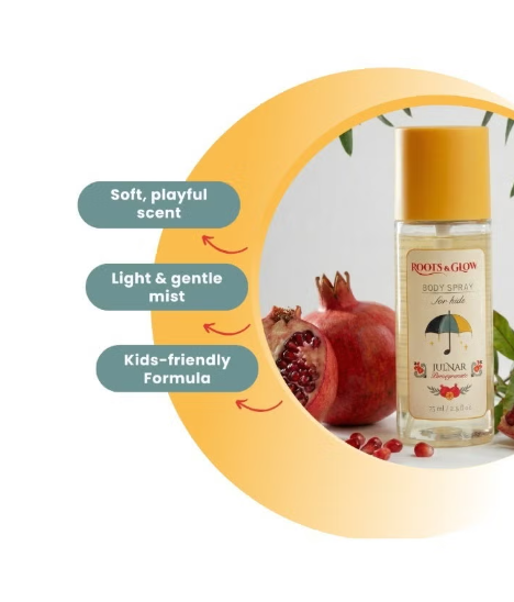 رذاذ/بخاخ الجسم للأطفال من Roots & Glow سعة 75 مل رذاذ جسم خفيف ومبهج للأطفال، مستوحى من الرمان الفلسطيني.