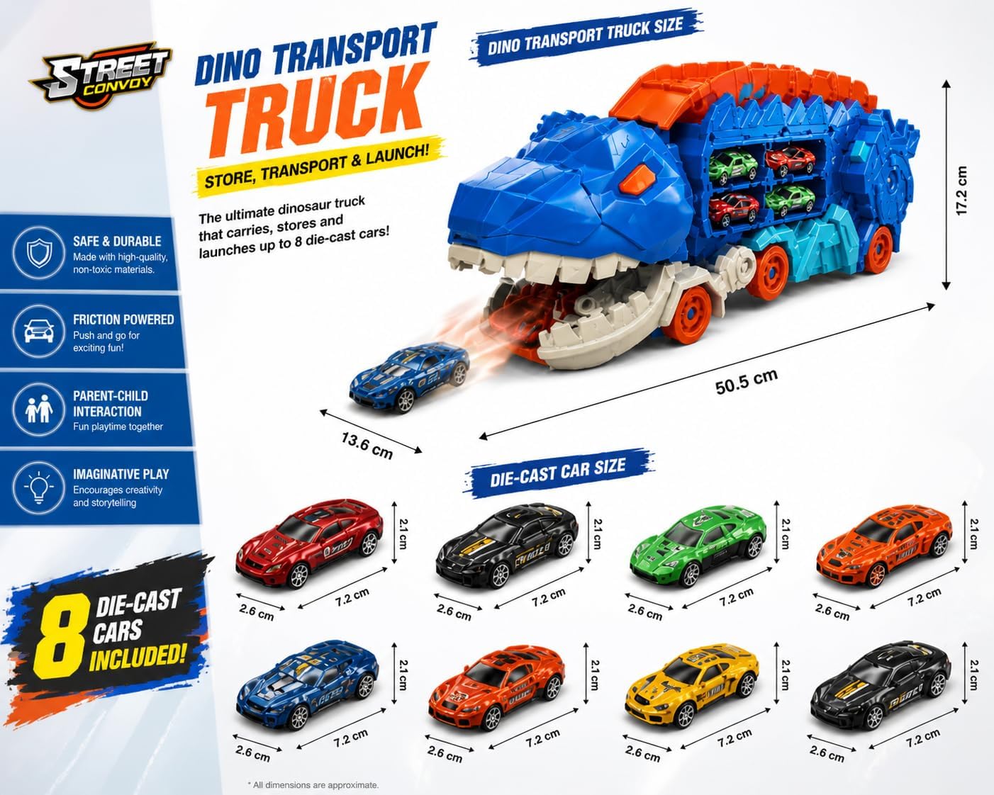 Dinosaur Truck Toy with 8 Cars – Toddler Car Toys for Boys 3-6, 25" Foldable Race Track, Transforms Into T-Rex – Truck Toy for Kids Boys Girls – Dinosaur Car Set