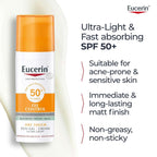 Eucerin Face Sunscreen Oil Control Gel-Cream Dry Touch, High UVA/UVB, SPF 50+, Light Texture Sun Protection, Suitable Under Make-Up, For Blemish-Prone Skin, 50ml