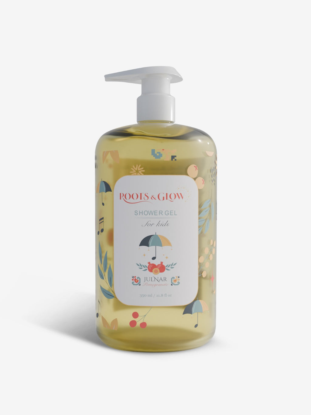 جل استحمام للأطفال من Roots & Glow للتنظيف اليومي اللطيف والعناية المغذية، جل استحمام لطيف لبشرة الأطفال الرقيقة، مستوحى من الرمان الفلسطيني.