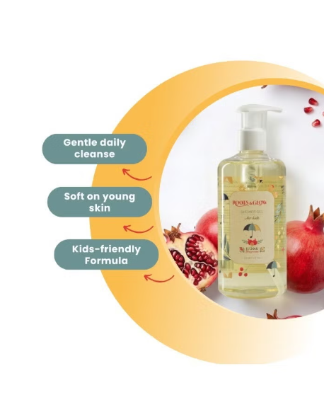 جل استحمام للأطفال من Roots & Glow للتنظيف اليومي اللطيف والعناية المغذية، جل استحمام لطيف لبشرة الأطفال الرقيقة، مستوحى من الرمان الفلسطيني.