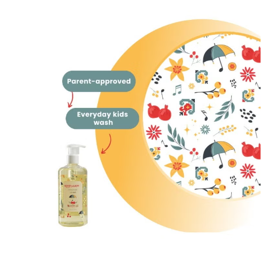جل استحمام للأطفال من Roots & Glow للتنظيف اليومي اللطيف والعناية المغذية، جل استحمام لطيف لبشرة الأطفال الرقيقة، مستوحى من الرمان الفلسطيني.