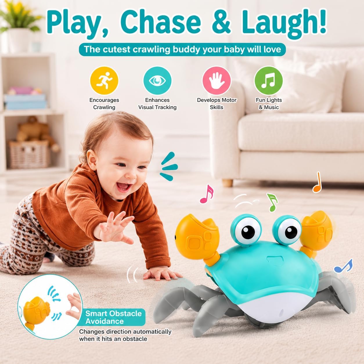 Crawling Crab Baby Toy – Interactive Electric Toy for Baby & Toddlers with Music & LED Lights | Tummy Time Moving Crab Toy with Obstacle Avoidance | Rechargeable – Green/Yellow