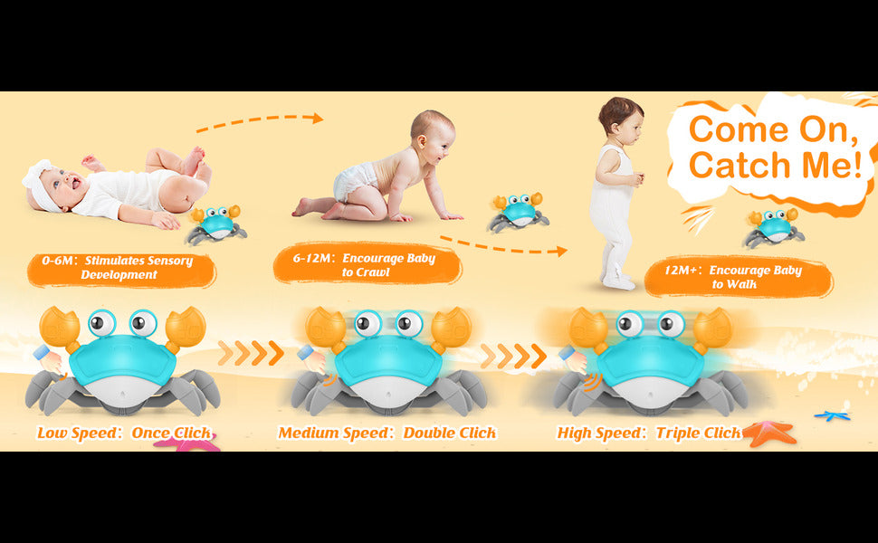 Crawling Crab Baby Toy – Interactive Electric Toy for Baby & Toddlers with Music & LED Lights | Tummy Time Moving Crab Toy with Obstacle Avoidance | Rechargeable – Green/Yellow